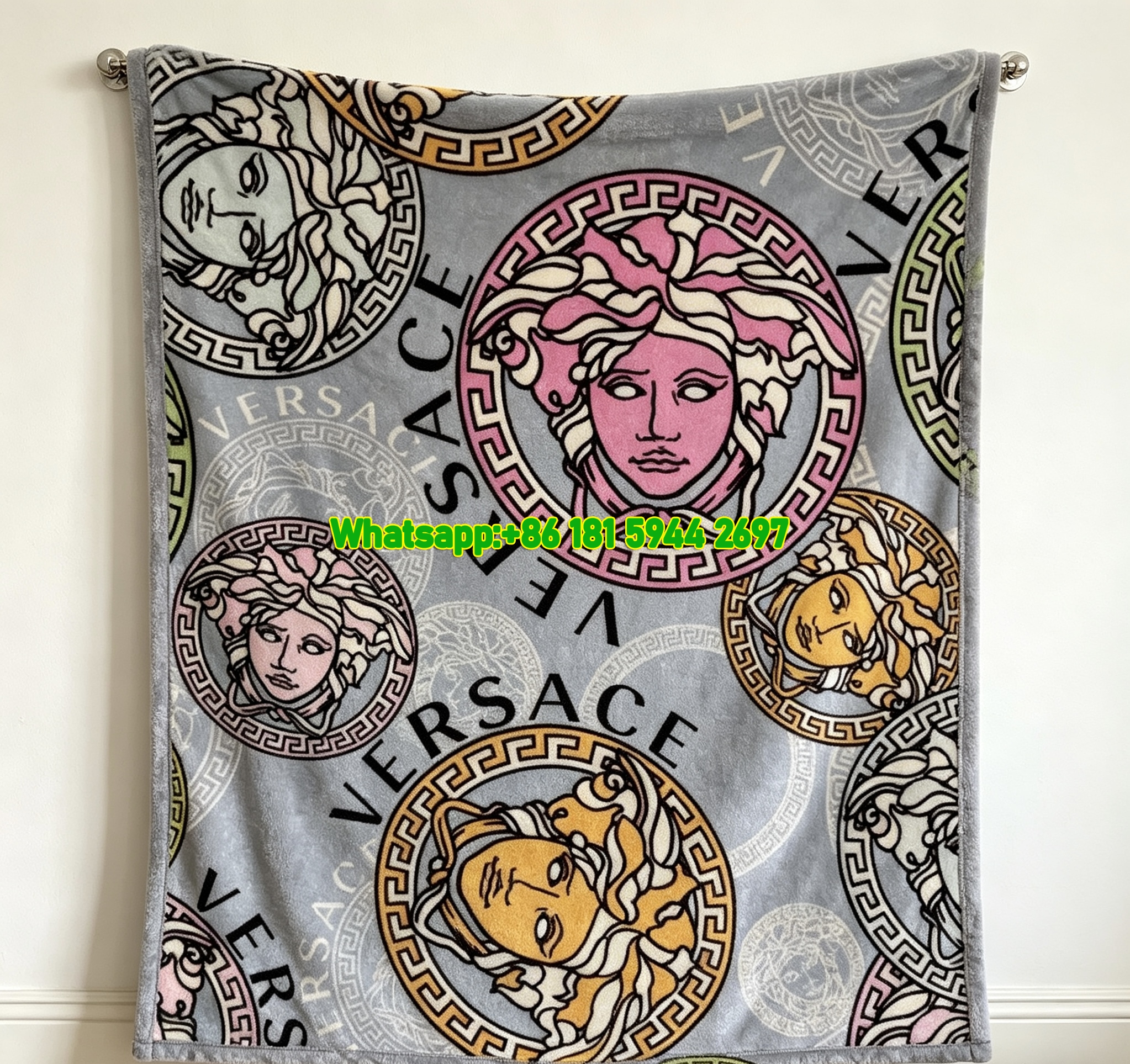 Light Blue Multicolor Versace Medusa Head Repeat Print Fleece Throw Blanket IMG_1362